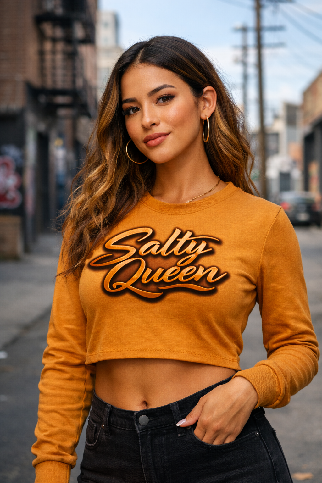 Salty Queen V-Neck Long Sleeve — Women's Retro Script Shirt