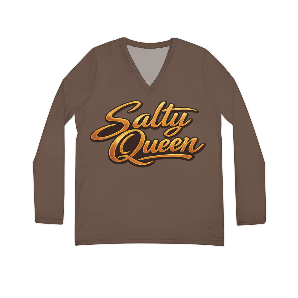 Salty Queen Women's V-Neck Long Sleeve Shirt — 'A Woman of Strength' Vintage Crest Design