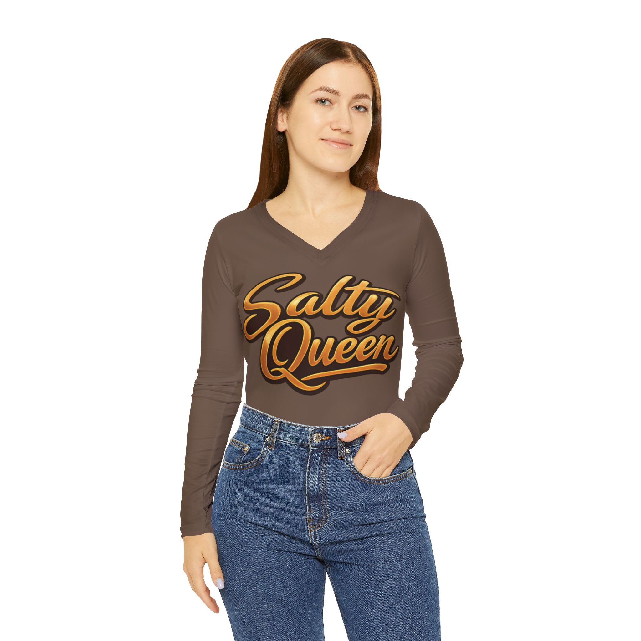 Salty Queen Women's V-Neck Long Sleeve Shirt — 'A Woman of Strength' Vintage Crest Design