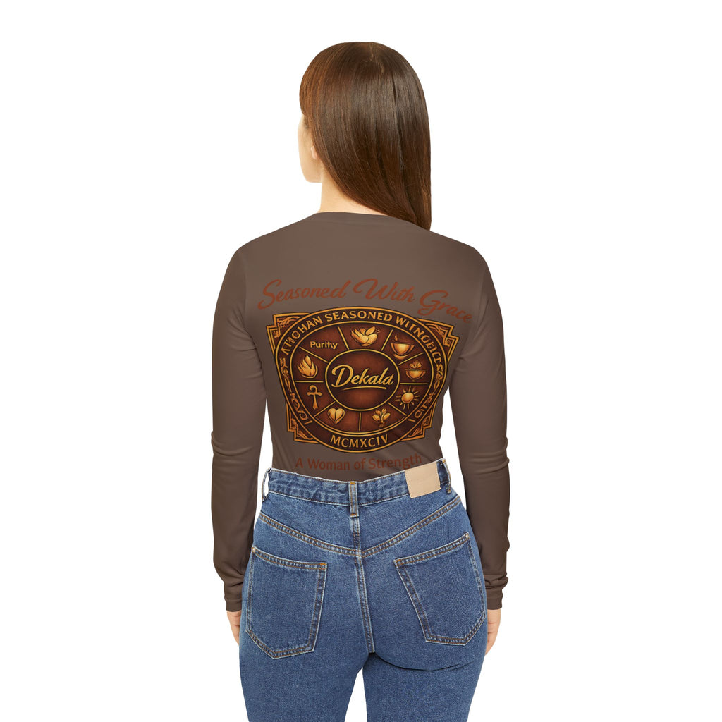 Salty Queen Women's V-Neck Long Sleeve Shirt — 'A Woman of Strength' Vintage Crest Design