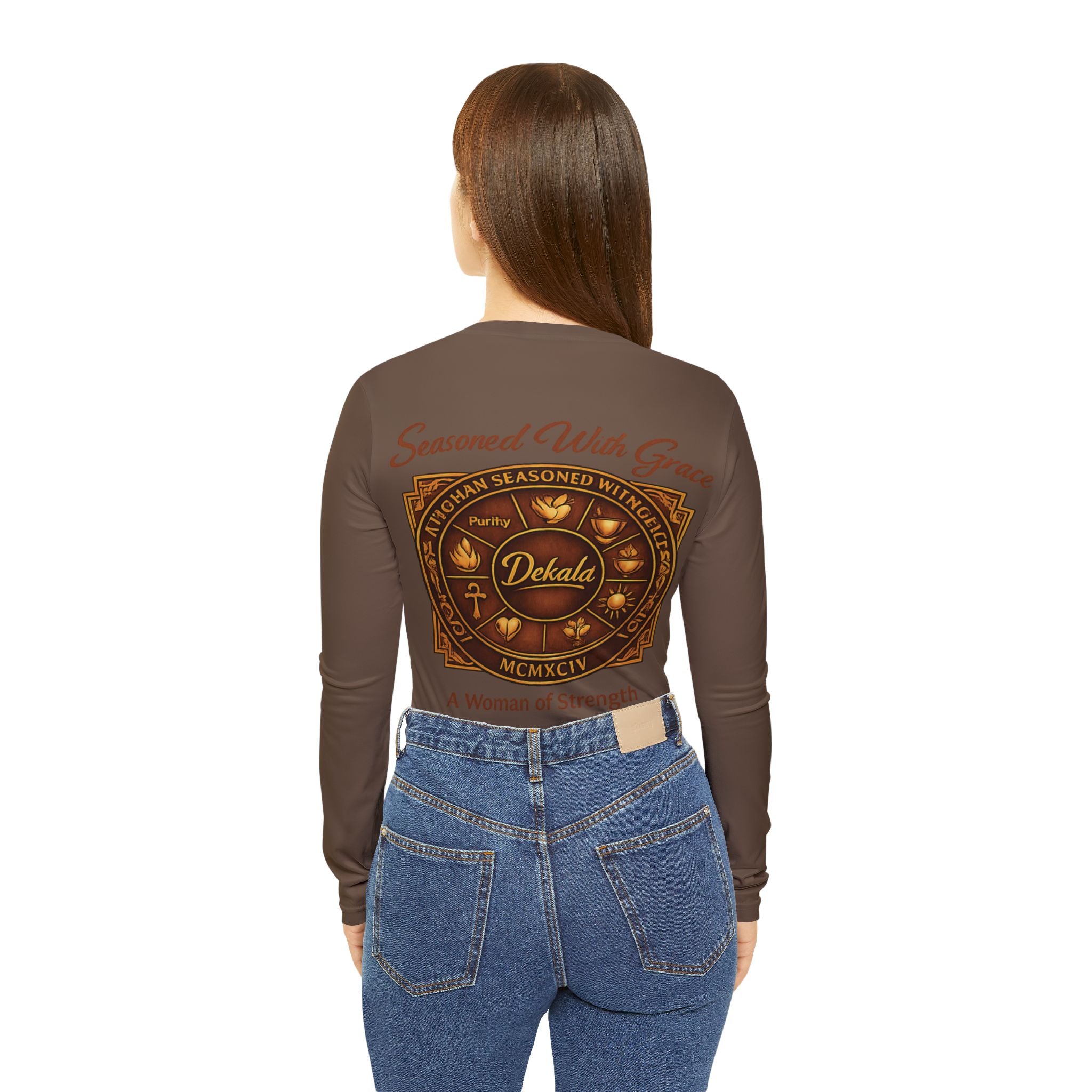 Salty Queen Women's V-Neck Long Sleeve Shirt — 'A Woman of Strength' Vintage Crest Design